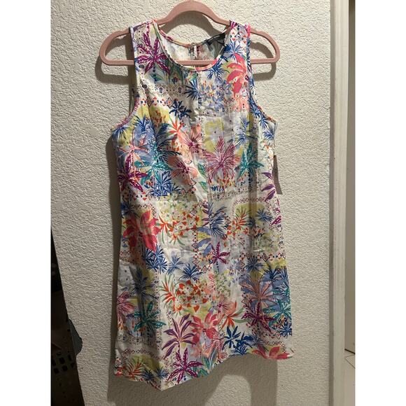 Maggy London Linen Blend Patch Print Shift Mini Dress size Large - Picture 1 of 6